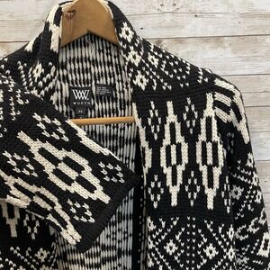 W by‎ Worth Womens PS Cardigan Sweater Wool Blend Open Front Aztec Black & White